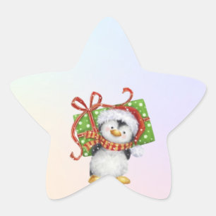 Festive Christmas Penguin with Gift - Holiday Deco Star Sticker