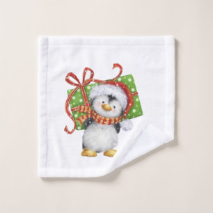 Festive Christmas Penguin with Gift - Holiday Deco Wash Cloth