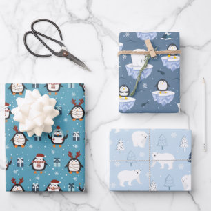 Festive Christmas penguins and bears tiled Wrapping Paper Sheet
