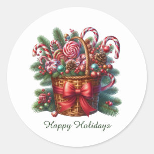 Festive Christmas peppermint candy Happy Holidays Classic Round Sticker