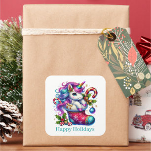 Festive Christmas peppermint unicorn customisable  Square Sticker