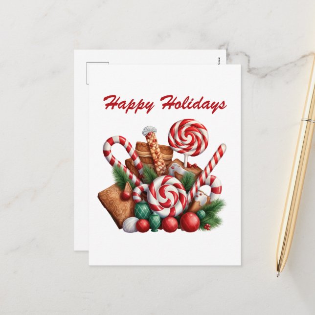 festive Christmas peppermint watercolor add text Holiday Postcard (Front/Back In Situ)