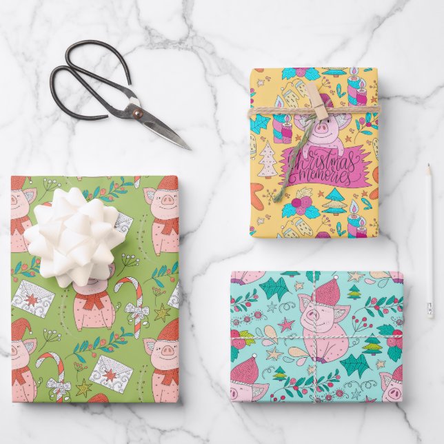 Festive Christmas Pigs Wrapping Paper Sheet (Front)