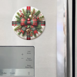 Festive Christmas Pine and Red Tartan Bow Magnet