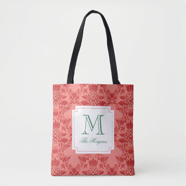 Festive Christmas Pineapple Ornaments Monogram Tote Bag (Front)