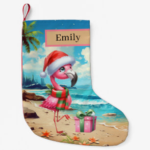 Festive Christmas pink flamingo add name beach Small Christmas Stocking