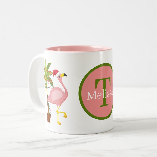 festive Christmas pink flamingo monogram Two-Tone Coffee Mug (Front Left)