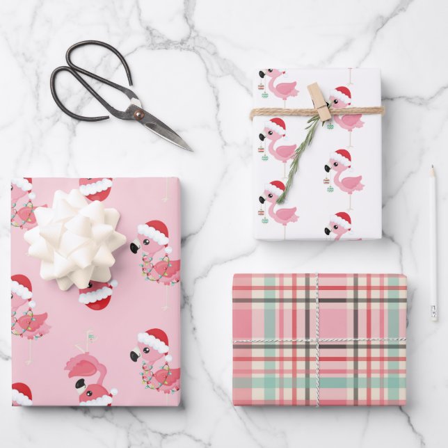 festive Christmas pink flamingo tiled pattern Wrapping Paper Sheet (Front)
