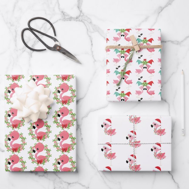 festive Christmas pink flamingo tiled pattern Wrapping Paper Sheet (Front)