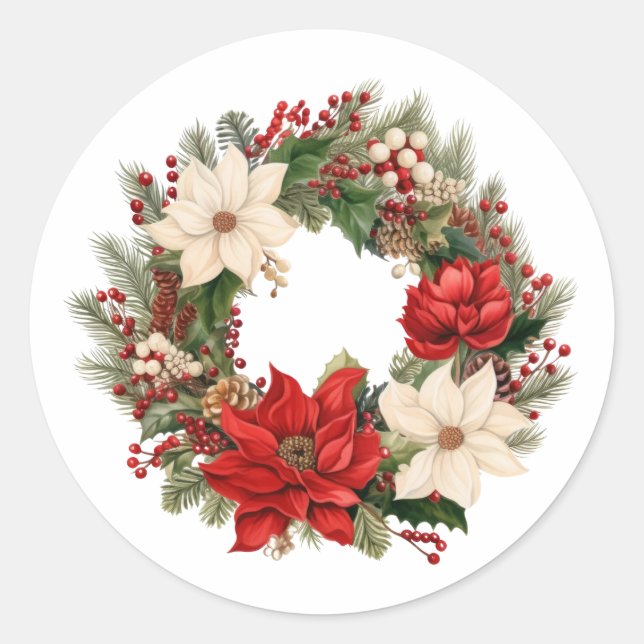 Festive Christmas Poinsettia and Berries Wreath Classic Round Sticker (Front)