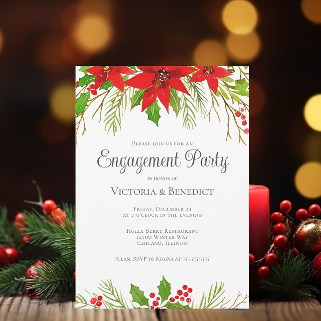 Festive Christmas Poinsettia Engagement Party Invitation (Creator Uploaded)