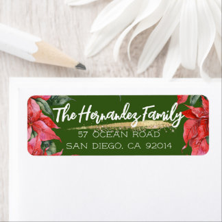 Festive Christmas Poinsettia Green Family Address  Return Address Label