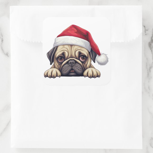 Festive Christmas Pug Square Sticker (Bag)