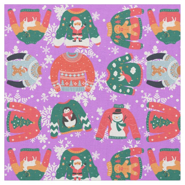 Festive Christmas purple sweater pattern Santa  Fabric (Close Up)