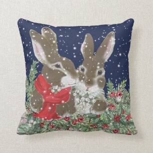Festive Christmas Rabbit Tan Bunny Winter Holiday Cushion