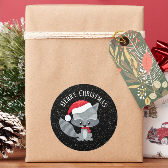 festive Christmas racoon add text Classic Round Sticker (Holiday)