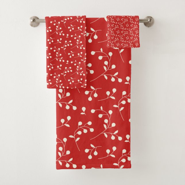 Festive Christmas Red and White Botanical Pattern Bath Towel Set (Insitu)
