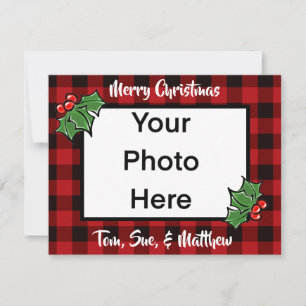 Festive Christmas red black plaid holly leaves Card