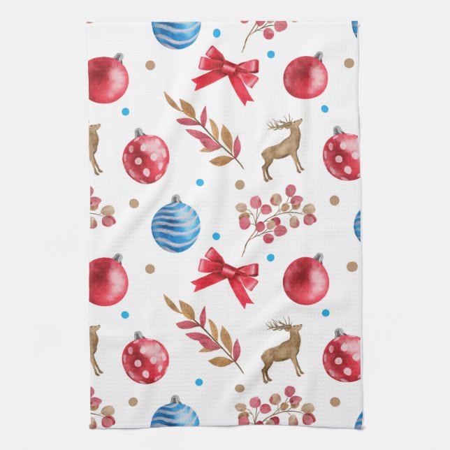Festive Christmas Red Blue Ornaments Bows Elks  Tea Towel (Vertical)