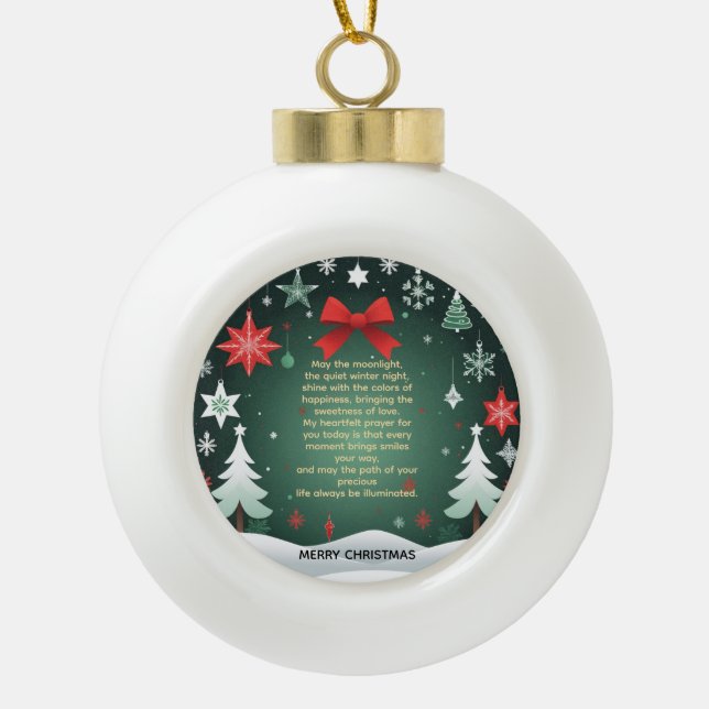 Festive Christmas Red Bow, Snowflakes & Winter  Ceramic Ball Christmas Ornament (Front)