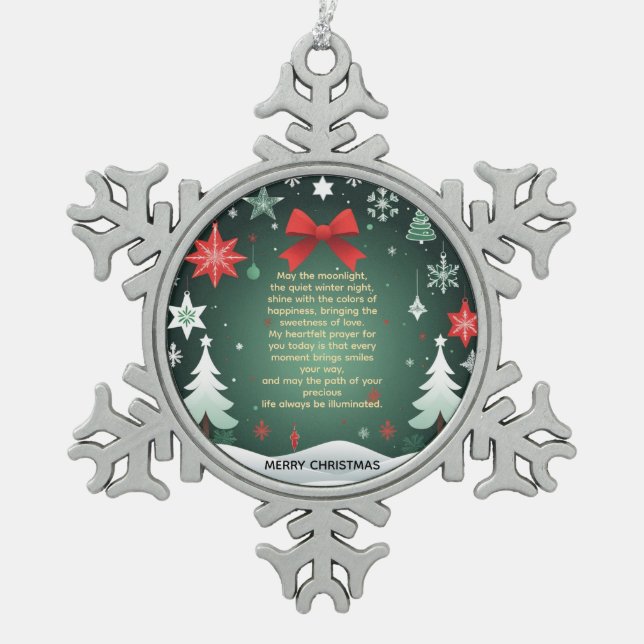 Festive Christmas Red Bow, Snowflakes & Winter  Snowflake Pewter Christmas Ornament (Front)