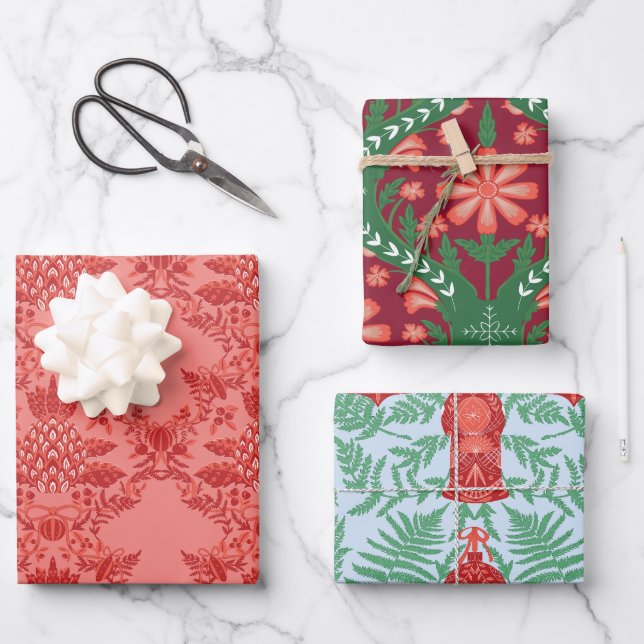 Festive Christmas Red & Green Pattern Wrapping Paper Sheet (Front)