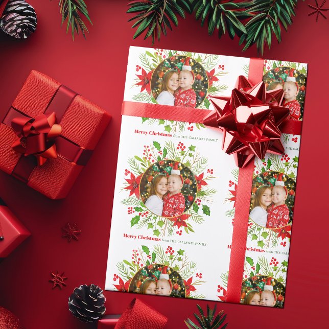 Festive Christmas Red Poinsettia Custom Photo Wrapping Paper (Creator Uploaded)