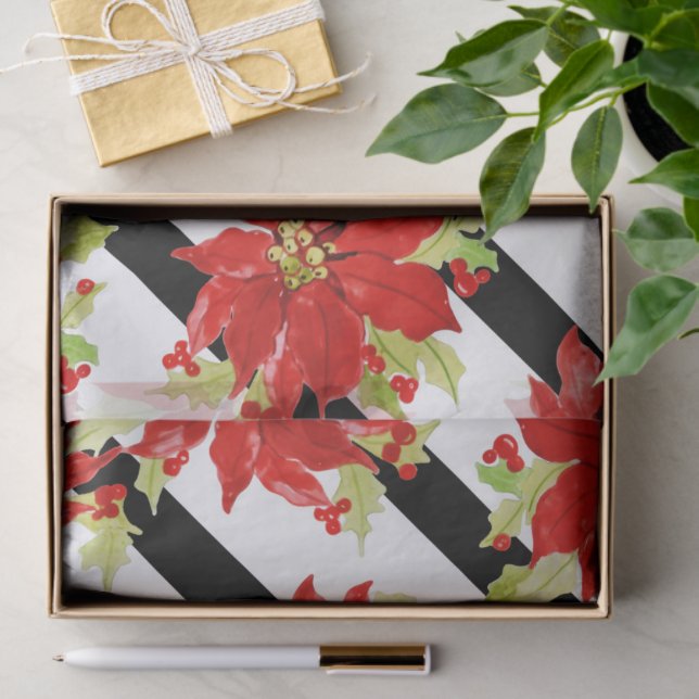 Festive Christmas Red Poinsettia Watercolor Floral Tissue Paper (Gift)