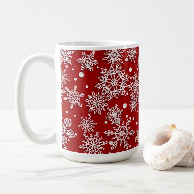 festive Christmas red snowflakes pattern Coffee Mug (With Donut)