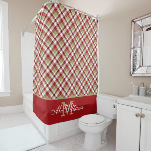 Festive Christmas Red White Green Plaid Shower Curtain