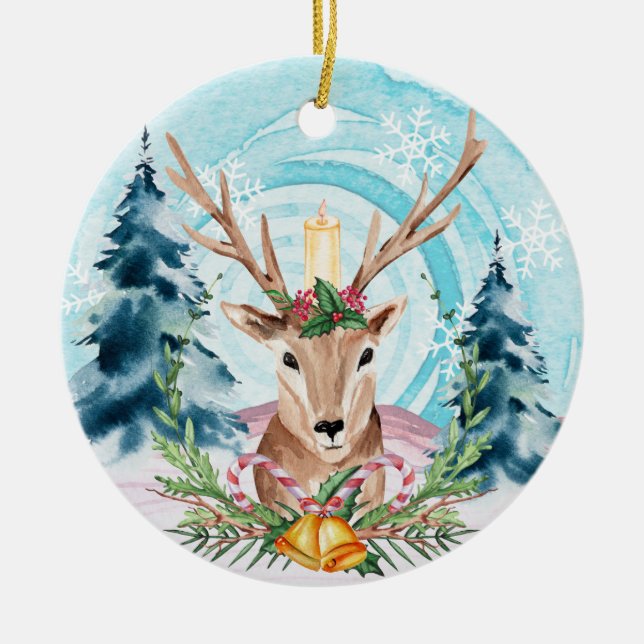 Festive Christmas Reindeer Holiday Tree Ceramic Ornament (Front)