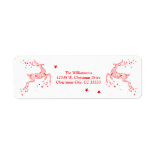 Festive Christmas Reindeer Modern Red Swirls Stars Return Address Label