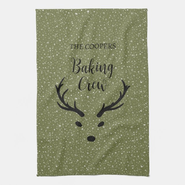 Festive Christmas Reindeer Snowfall Green Holiday Tea Towel (Vertical)