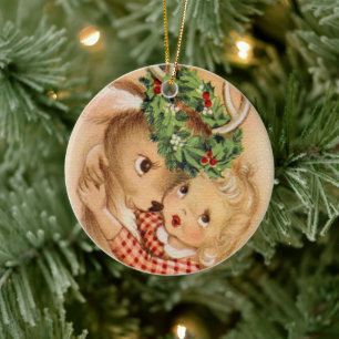 Festive Christmas retro vintage girl reindeer Ceramic Ornament