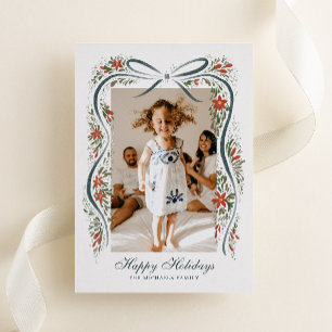 Festive Christmas Ribbon with Poinsettias Foil Holiday Card