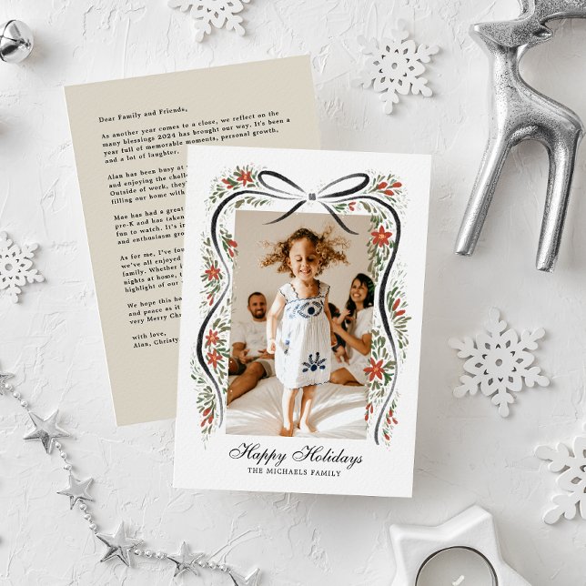 Festive Christmas Ribbon with Poinsettias Holiday Card (Creator Uploaded)