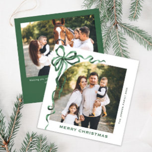 Festive Christmas Sage Green Bow Ribbon 2 Photo Holiday Card