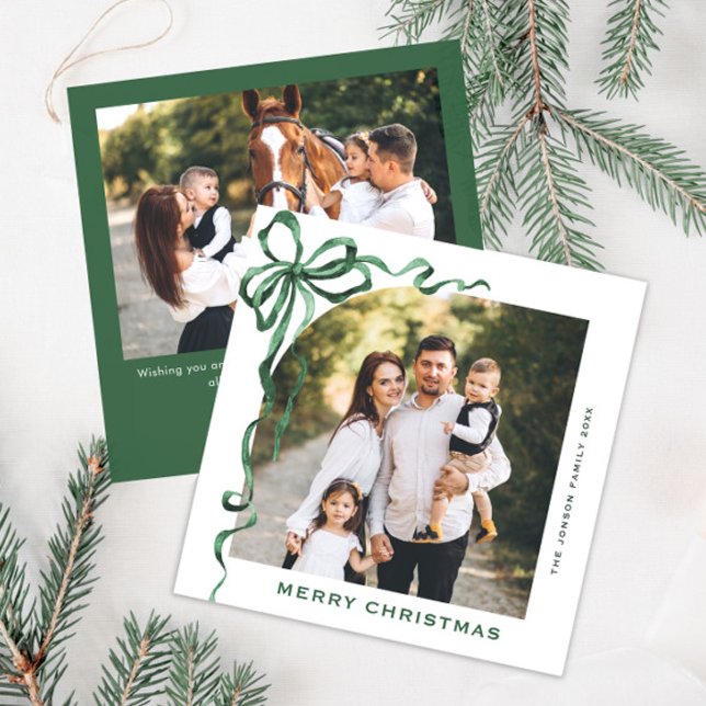 Festive Christmas Sage Green Bow Ribbon 2 Photo Holiday Card (Creator Uploaded)