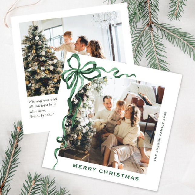 Festive Christmas Sage Green Bow Ribbon 2 Photo Holiday Card (Creator Uploaded)