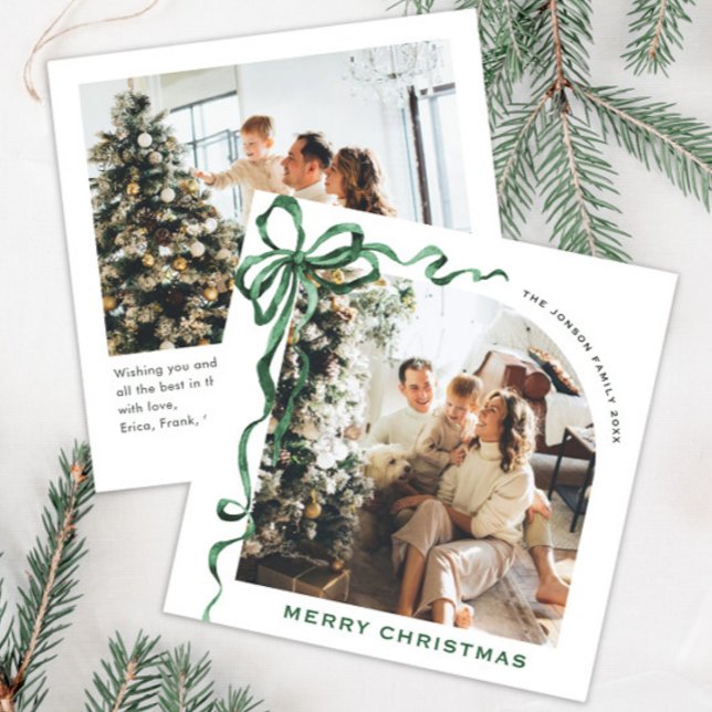 Festive Christmas Sage Green Bow Ribbon 2 Photo Holiday Card (Creator Uploaded)