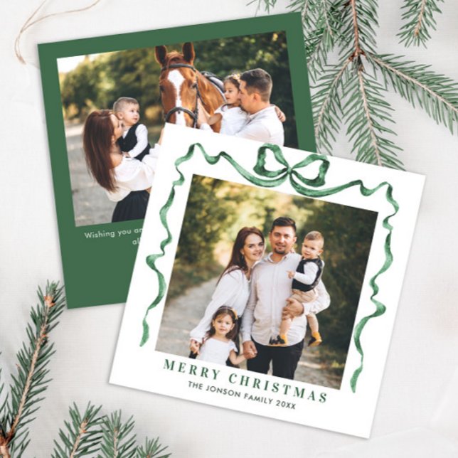 Festive Christmas Sage Green Bow Ribbon 2 Photo Holiday Card (Creator Uploaded)