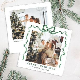 Festive Christmas Sage Green Bow Ribbon 2 Photo Holiday Card