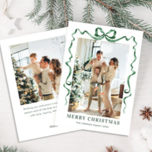 Festive Christmas Sage Green Bow Ribbon 2 Photo Holiday Card