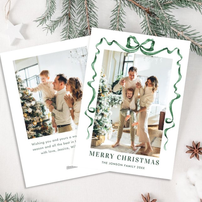 Festive Christmas Sage Green Bow Ribbon 2 Photo Holiday Card (Creator Uploaded)