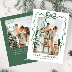 Festive Christmas Sage Green Bow Ribbon 2 Photo Holiday Card