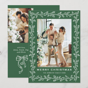 Festive Christmas Sage Green Bow Ribbon 3 Photo Holiday Card