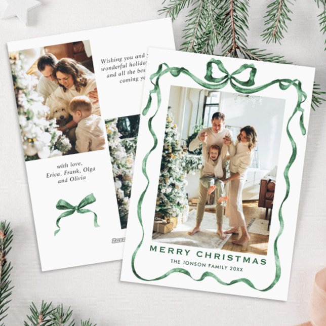 Festive Christmas Sage Green Bow Ribbon 3 Photo Holiday Card (Creator Uploaded)