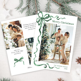 Festive Christmas Sage Green Bow Ribbon 3 Photo Holiday Card