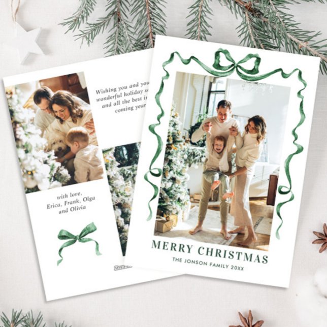Festive Christmas Sage Green Bow Ribbon 3 Photo Holiday Card (Creator Uploaded)