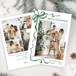 Festive Christmas Sage Green Bow Ribbon 5 Photo Holiday Card